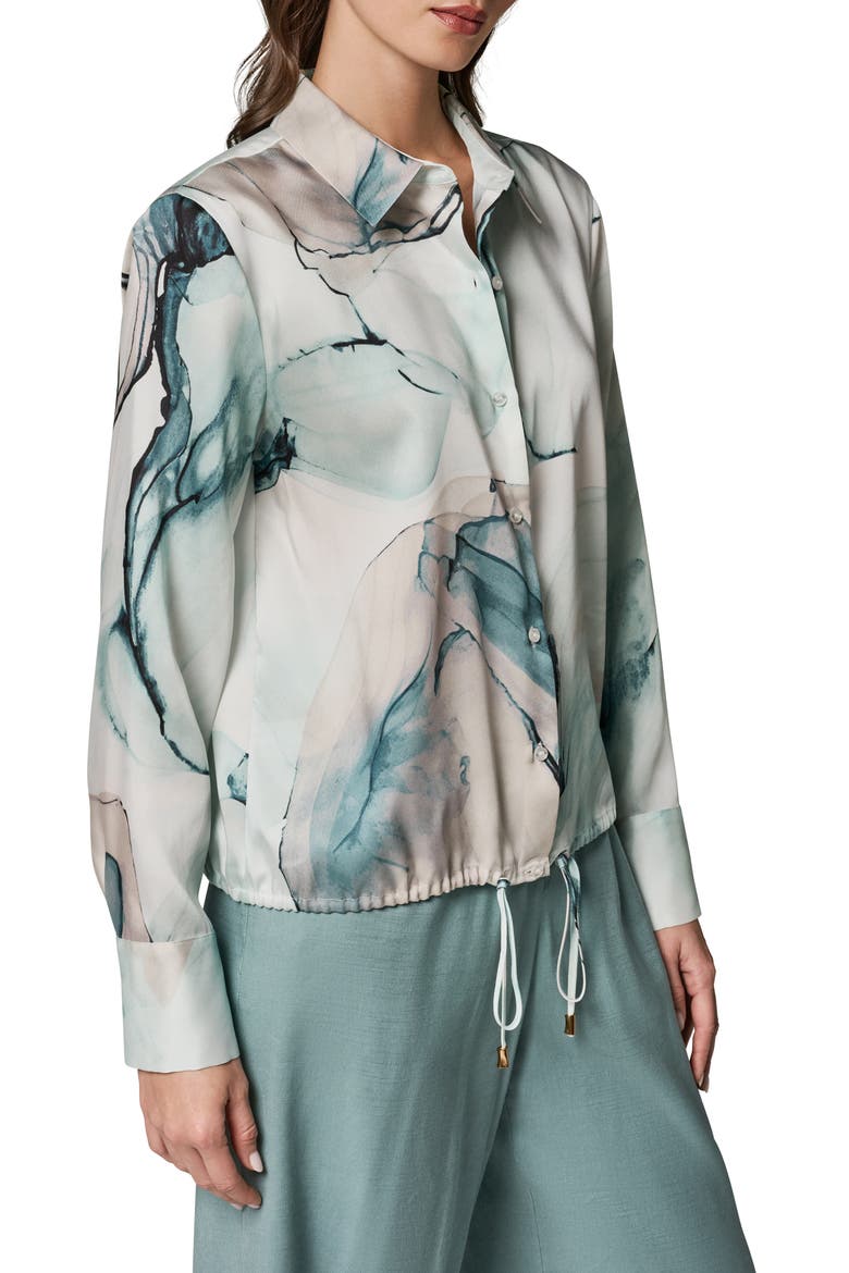 Printed Drawstring Hem Button-Up Shirt, Alternate, color, SKYLIGHT MULTI