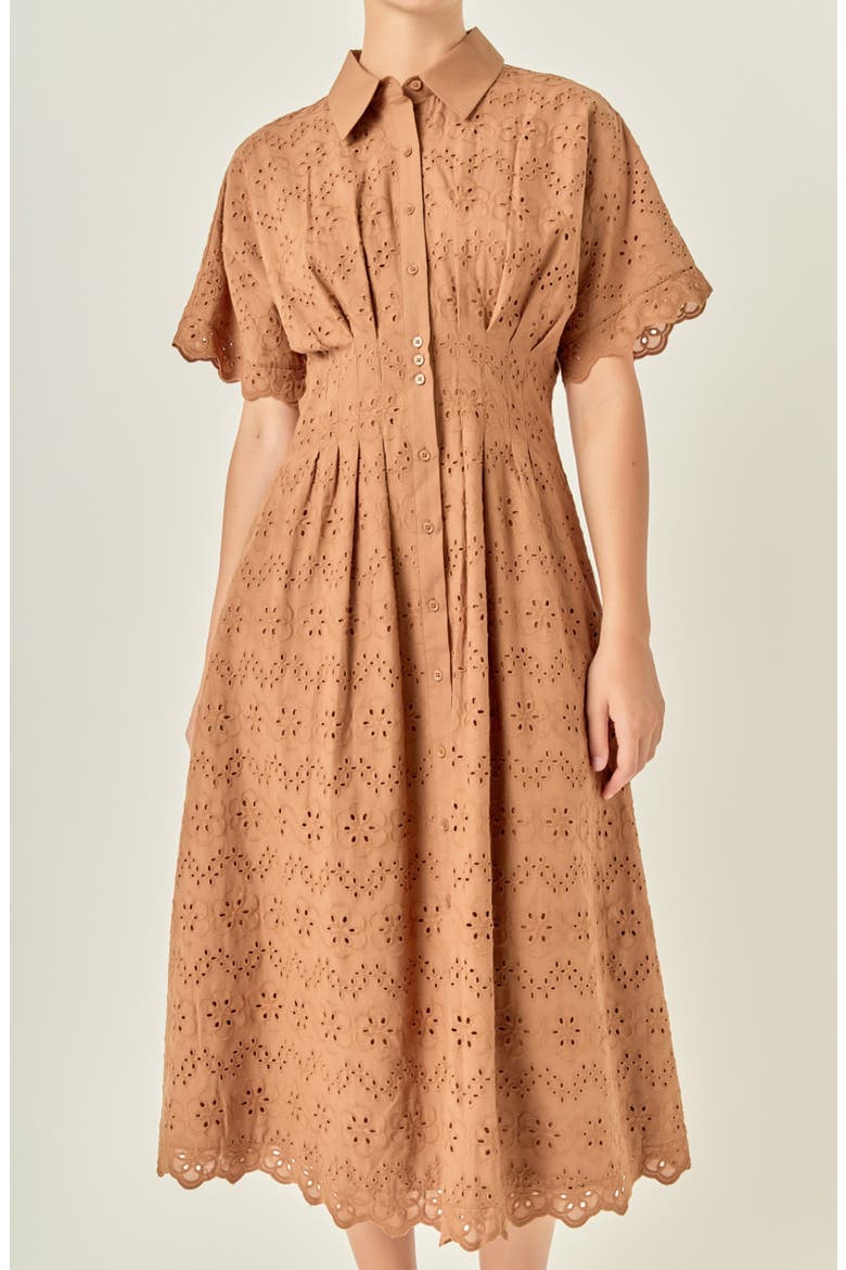 Eyelet Cinched Waist Midi Shirtdress, Alternate, color, BROWN