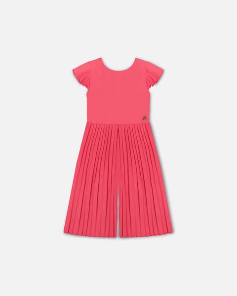 Little Girl's Bi-Material Pleated Wide Leg Jumpsuit Candy Pink