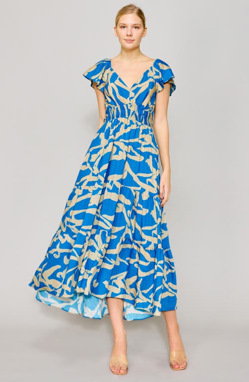 Melloday Printed Shirred Waist Tiered Maxi Sundress In Blue Ivory