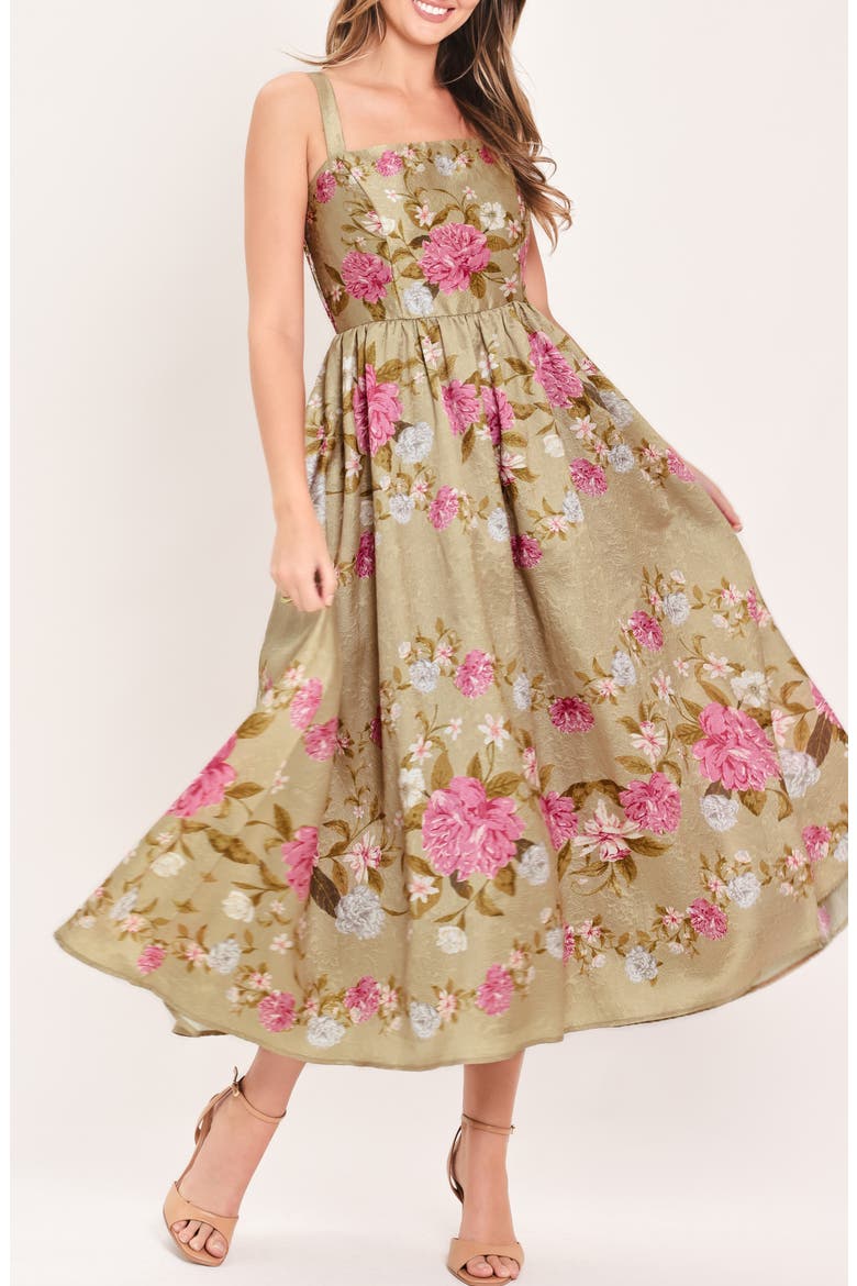Floral Jacquard Fit & Flare Midi Dress, Alternate, color, TAN