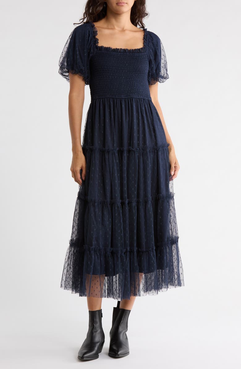 Blu Pepper Puff Sleeve Midi Dress, Main, color, Navy