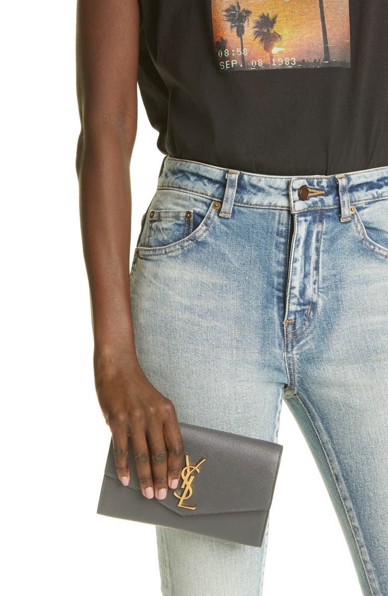 Saint Laurent Uptown Pebbled Calfskin Leather Wallet on a Chain, Alternate, color, 