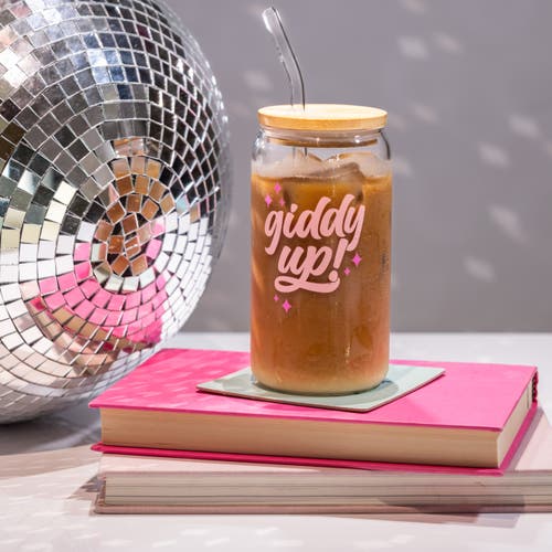 Totalee Gift Giddy Up! Glass Cup W/ Lid And Straw Glass Clear 16 oz In Multi