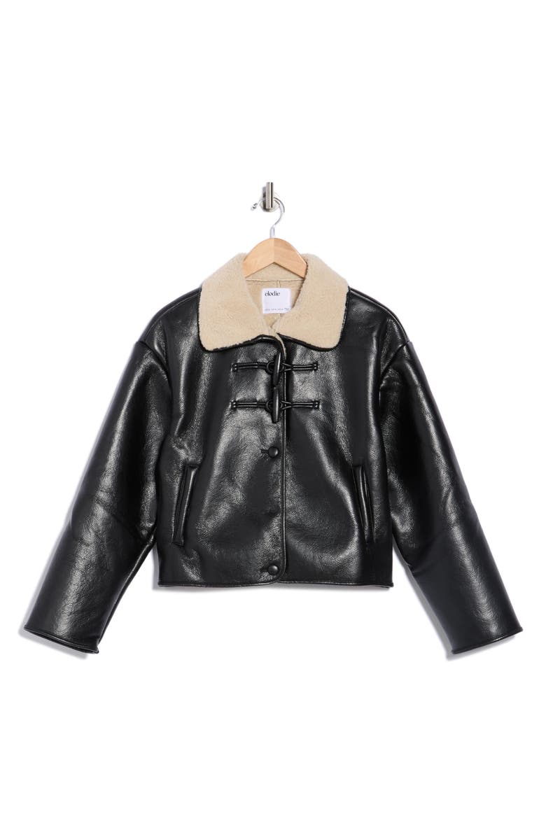 Elodie Faux Shearling Collar Faux Leather Crop Jacket, Alternate, color, Black