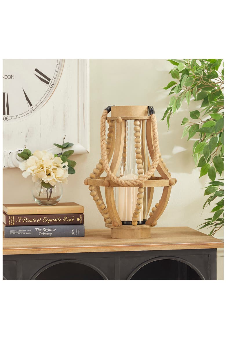 Beige Reclaimed Wood Beaded Pillar Candle Lantern, Alternate, color, BEIGE