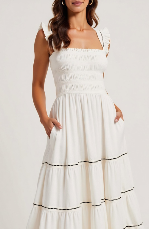 Modenaire Smocked Bodice Tiered Maxi Dress With Ruffle Straps And Trim Details In White