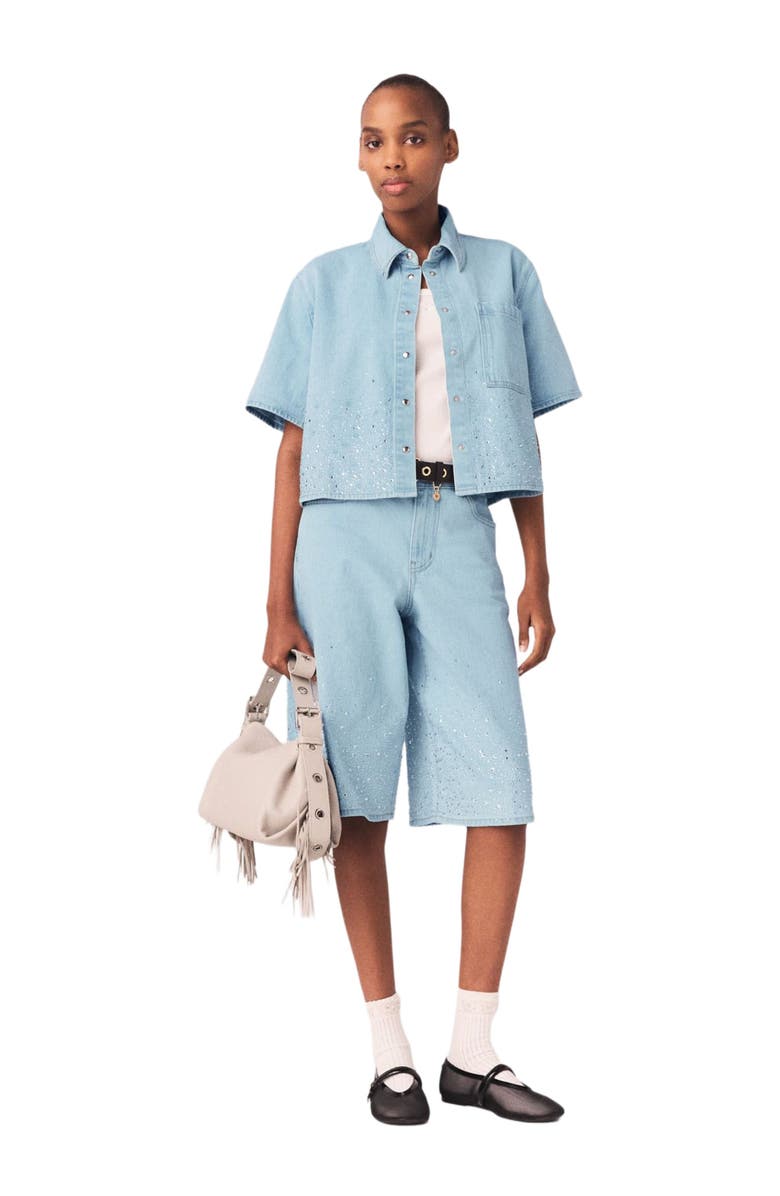 maje Cropped rhinestone denim shirt, Alternate, color, Blue Sky