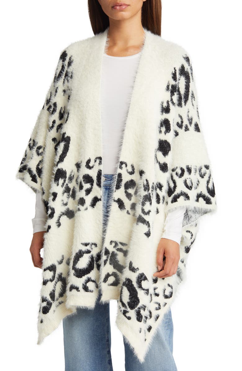 Roffe Accessories Leopard Jacquard Ruana, Main, color, Cream