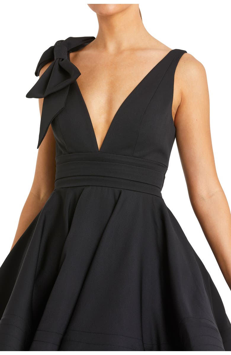 Mac Duggal Crepe Bow Strap Fit and Flare Mini Dress with V Neck, Alternate, color, Black