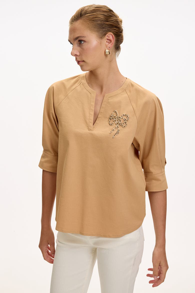 Katharine V Neck Short Sleeve Blouse, Alternate, color, Camel