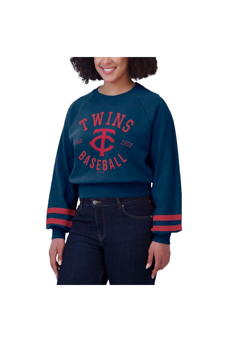 Women's WEAR by Erin Andrews  Navy Minnesota Twins Vintage Washed Cropped Pullover Sweatshirt, Alternate, color, Navy