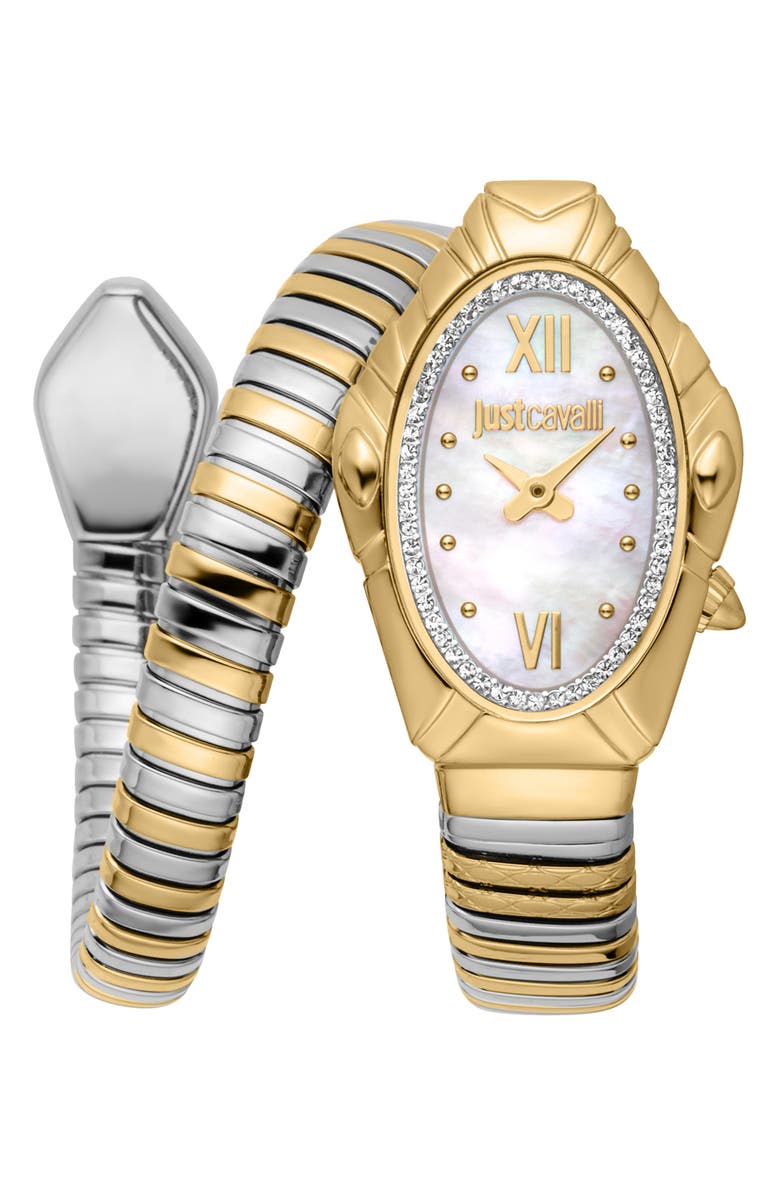 Just Cavalli Snake Bracelet Strap Watch, 25mm x 39mm, Main, color, Two Tone Silver/ Gold