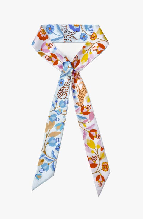 Silk Skinny Scarf Pink Blossom Jungle
