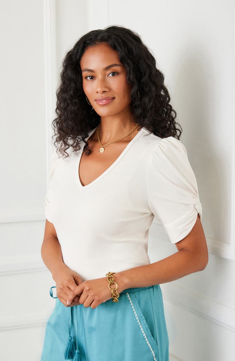 Karen Kane Twist Sleeve Rib Top, Alternate, color, Ecru