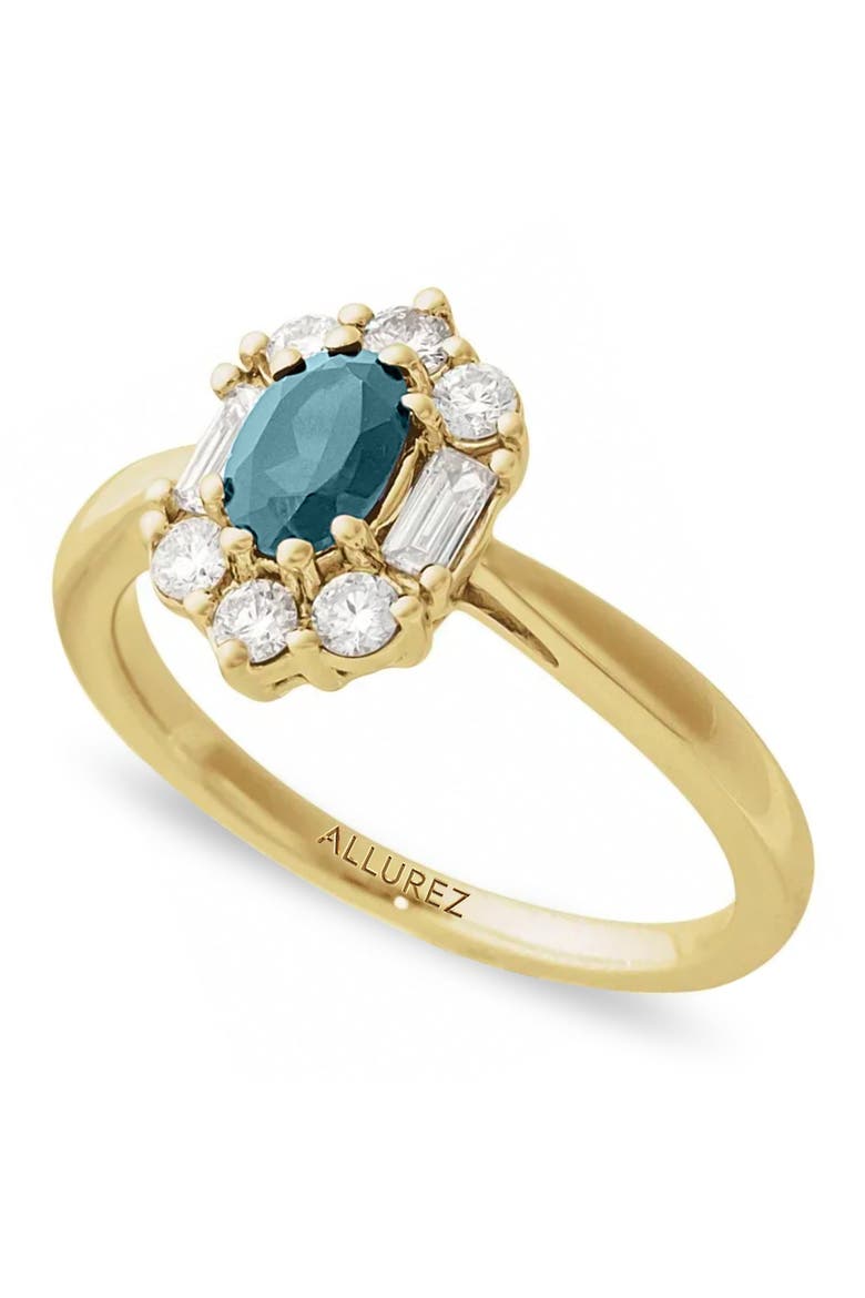 Oval Lab Aquamarine & Diamond Halo Ring 14K, Main, color, 0.80ct/Yellow Gold