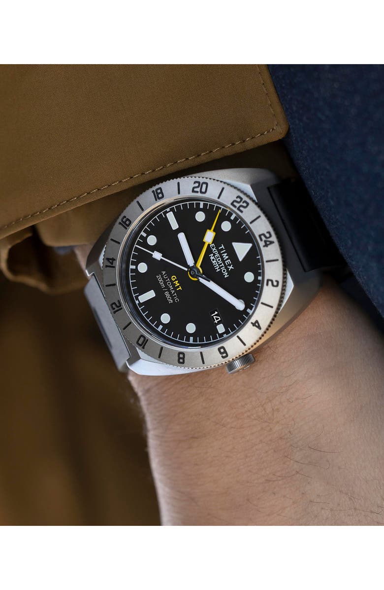 Timex<sup>®</sup> Expedition North<sup>®</sup> GMT Titanium Automatic Silicone Strap Watch, 41mm, Alternate, color, Black