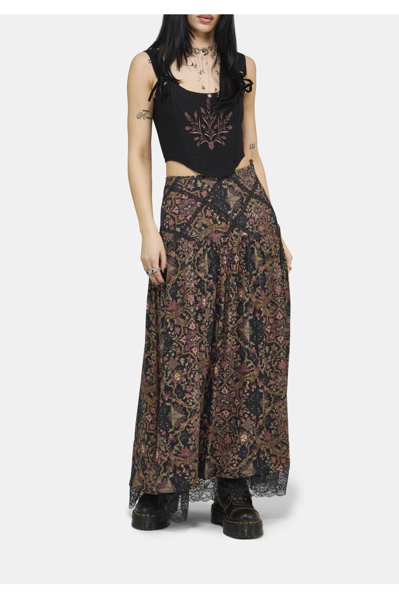 Mythos Print Lace Detail Midaxi Skirt, Alternate, color, Black
