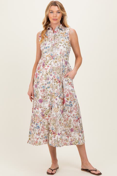 Garden Print Sleeveless Shirt Dress