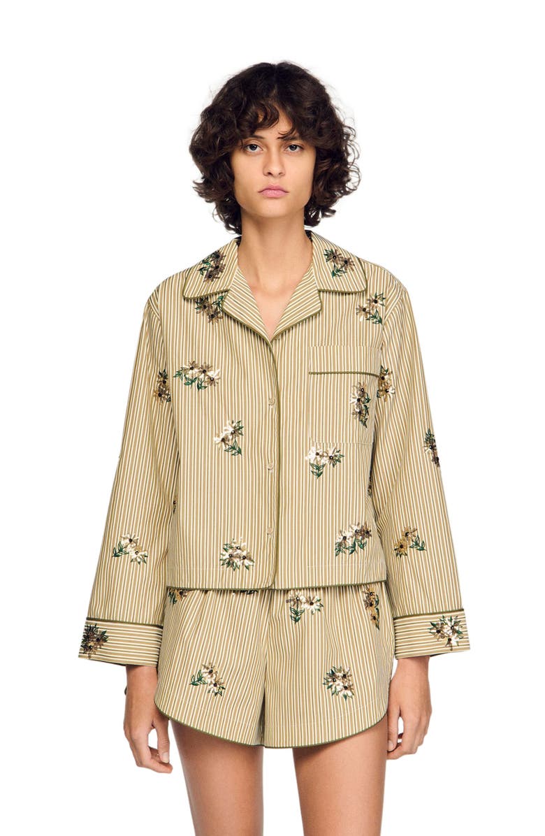 SANDRO Striped shirt, floral embroidery, Main, color, Olive Green