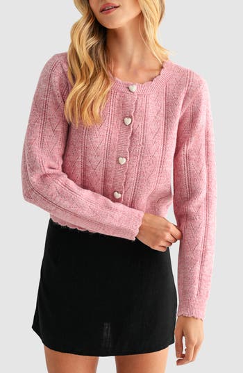 Lush Heart Button Pointelle Cardigan In Multi