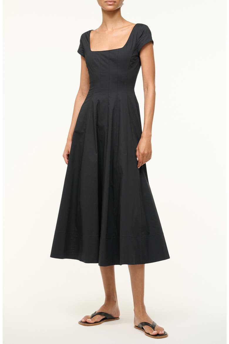 Wells Stretch Cotton Fit & Flare Midi Dress, Main, color, BLACK