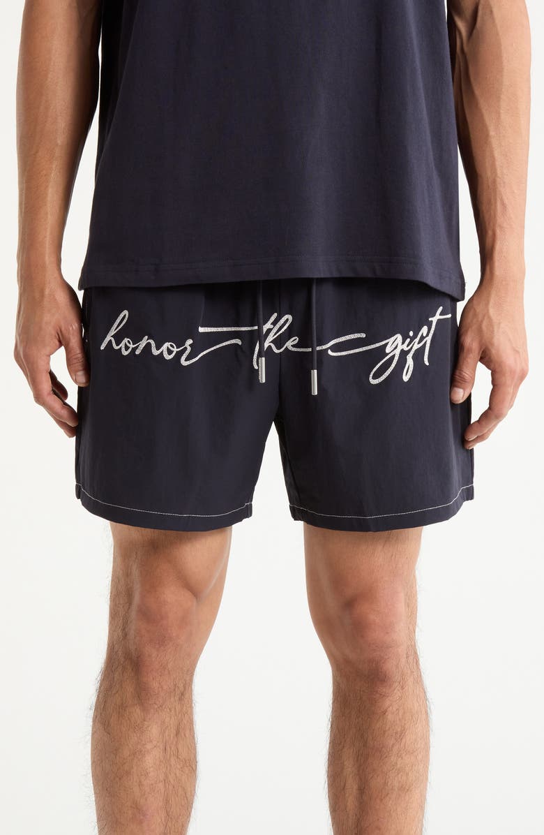 HONOR THE GIFT Hybrid Cursive 5-Inch Swim Trunks, Main, color, Navy