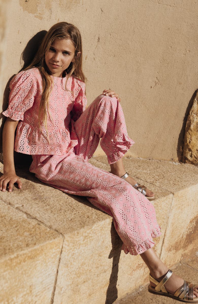 Mini Boden Kids' Floral Embroidered Frill Hem Pants, Alternate, color, Pink Broderie