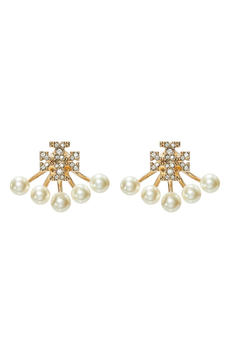 Tory Burch Moondance Pearl Front-Back Earrings, Main, color, Tory Gold / Pearl / Crystal