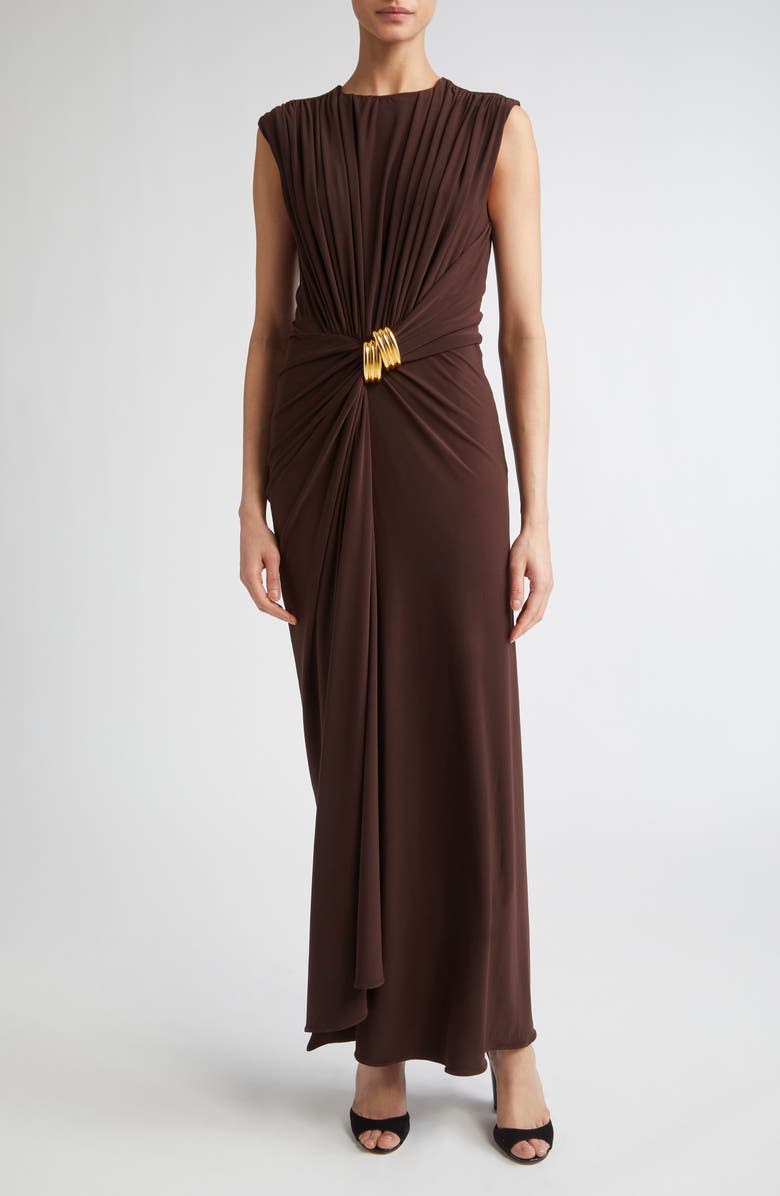 Brandon Maxwell The Serena Draped Jersey Maxi Dress, Main, color, Espresso/ Gold