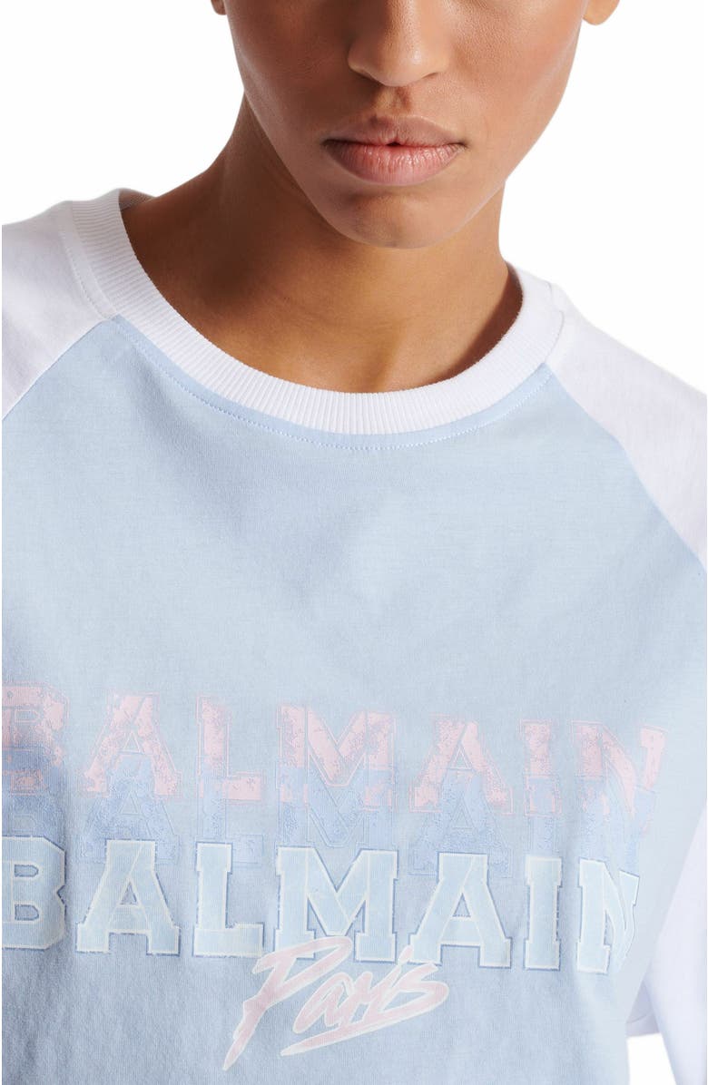 Balmain Cropped T-Shirt With Balmain Paris Print, Alternate, color, Blue