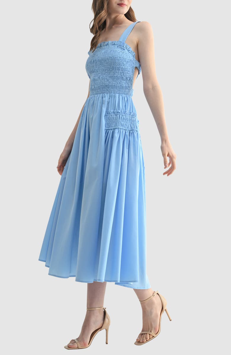 All in Favor Smocked Cross Back Midi Sundress, Alternate, color, Light Blue