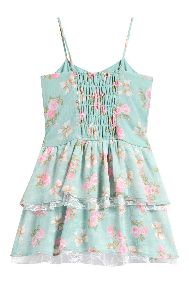 Kid's Floral Lace Trim Chiffon Tiered Dress, Alternate, color, MINT