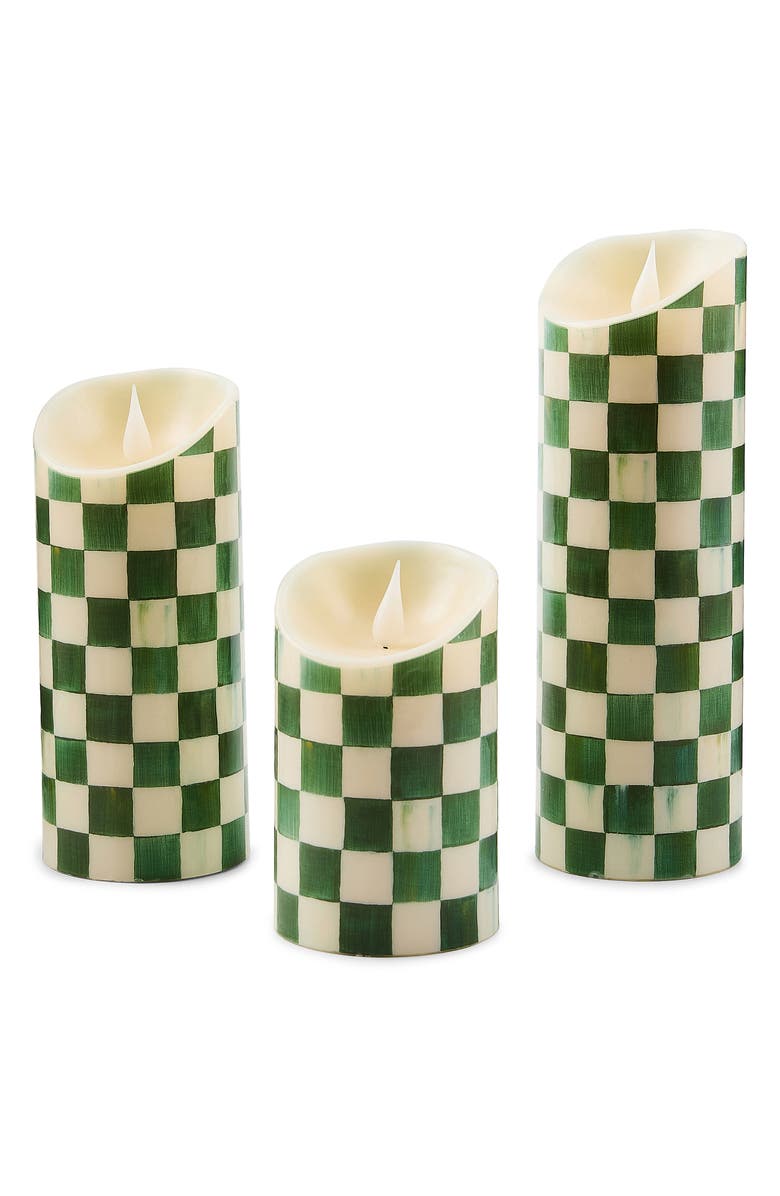 MACKENZIE CHILDS Emerald Check Flameless 5-Inch Pillar Candle, Alternate, color, Emerald
