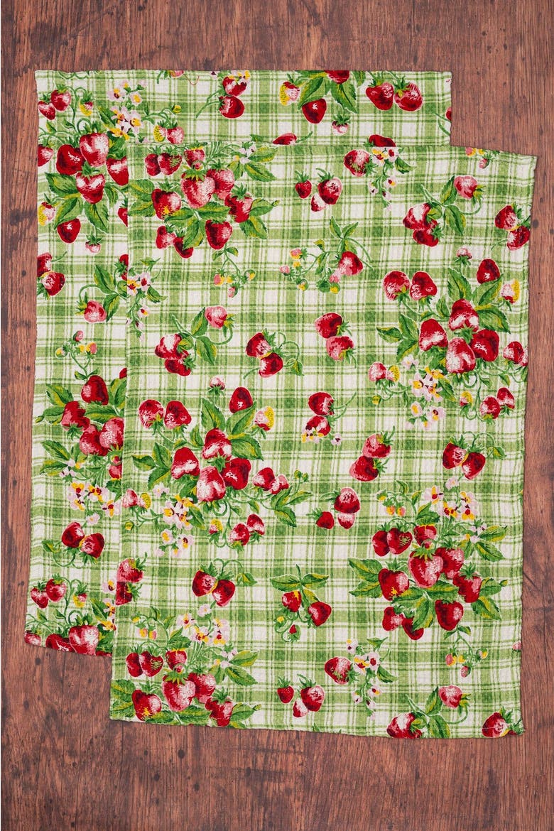 Strawberry Gingham Tea Towels, Set of 2, Alternate, color, Green