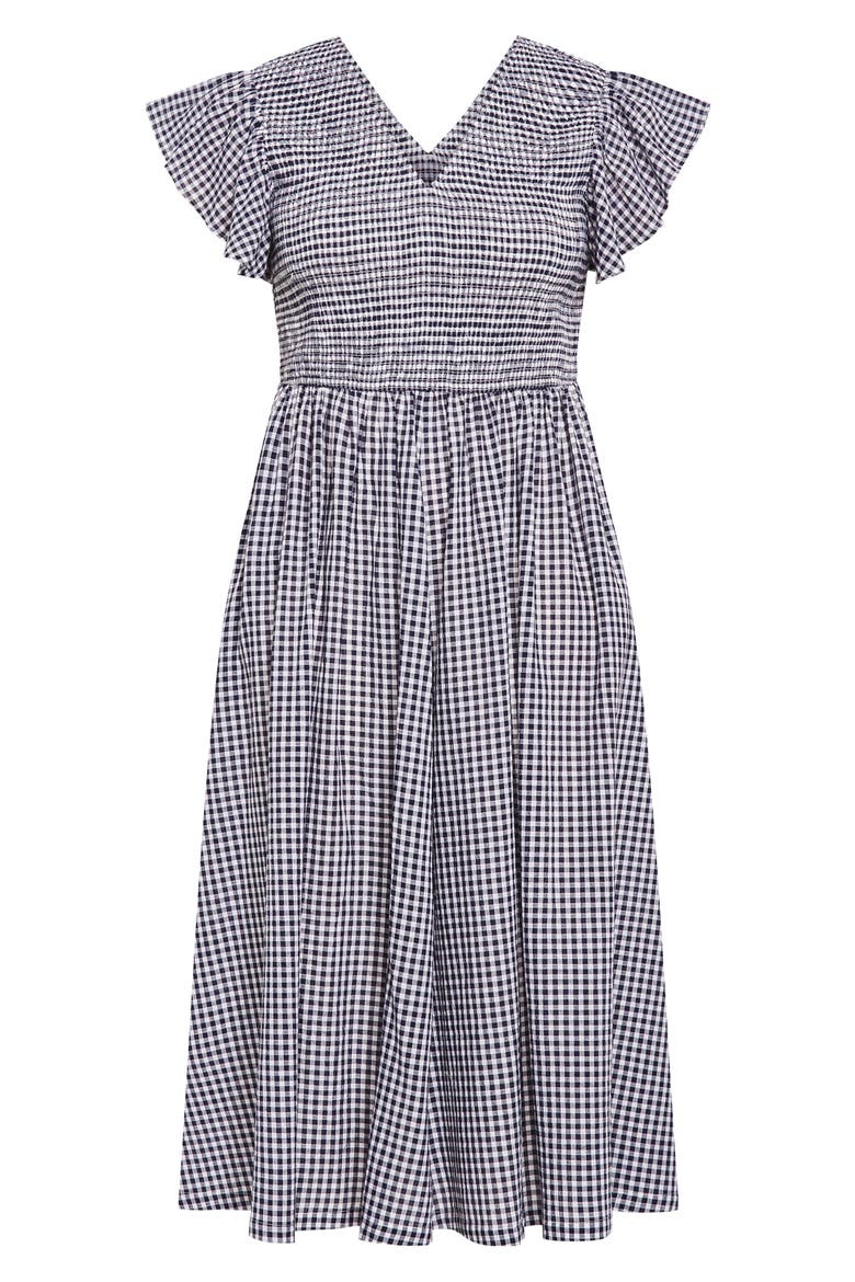 Laureli Gingham Flutter Sleeve Midi Dress, Alternate, color, NAVY CHECK