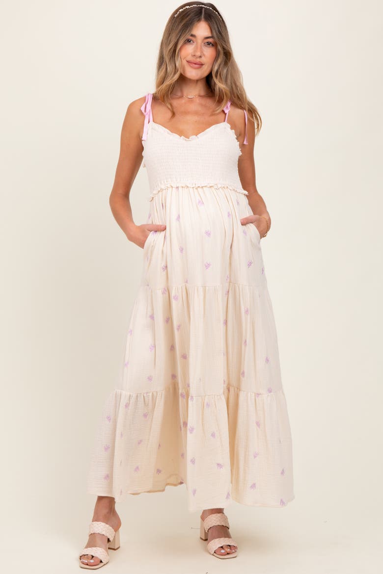 Embroidered Smocked Shoulder Tie Maxi Dress, Alternate, color, Cream