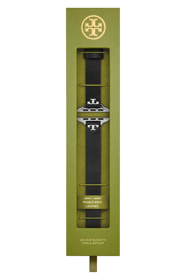 The T Double Wrap Leather Apple Watch® Watchband, Alternate, color, BLACK