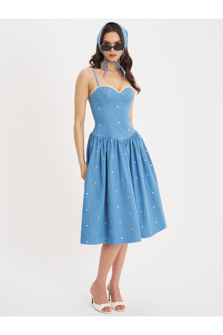 Zadie Denim Drop Waist Embroidery Flower Midi Dress, Main, color, Blue