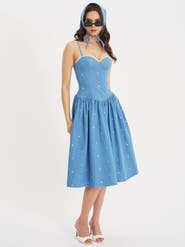 Miss Circle Zadie Denim Drop Waist Embroidery Flower Midi Dress