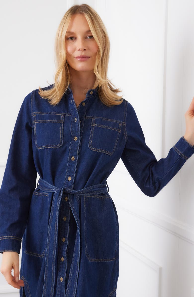 Karen Kane Belted Long Sleeve Denim Shirtdress, Alternate, color, Indigo