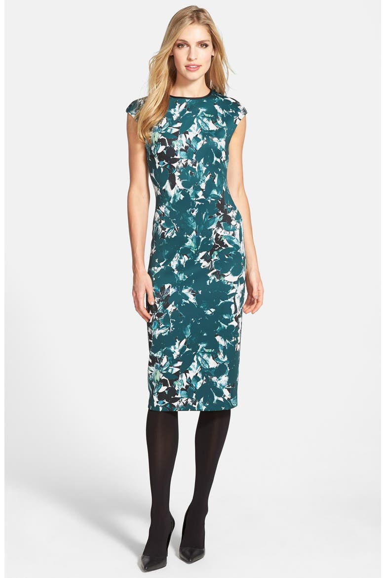 'Shadow Branch' Print Scuba Midi Dress, Alternate, color, SOFT WHITE/ FOREST GREEN