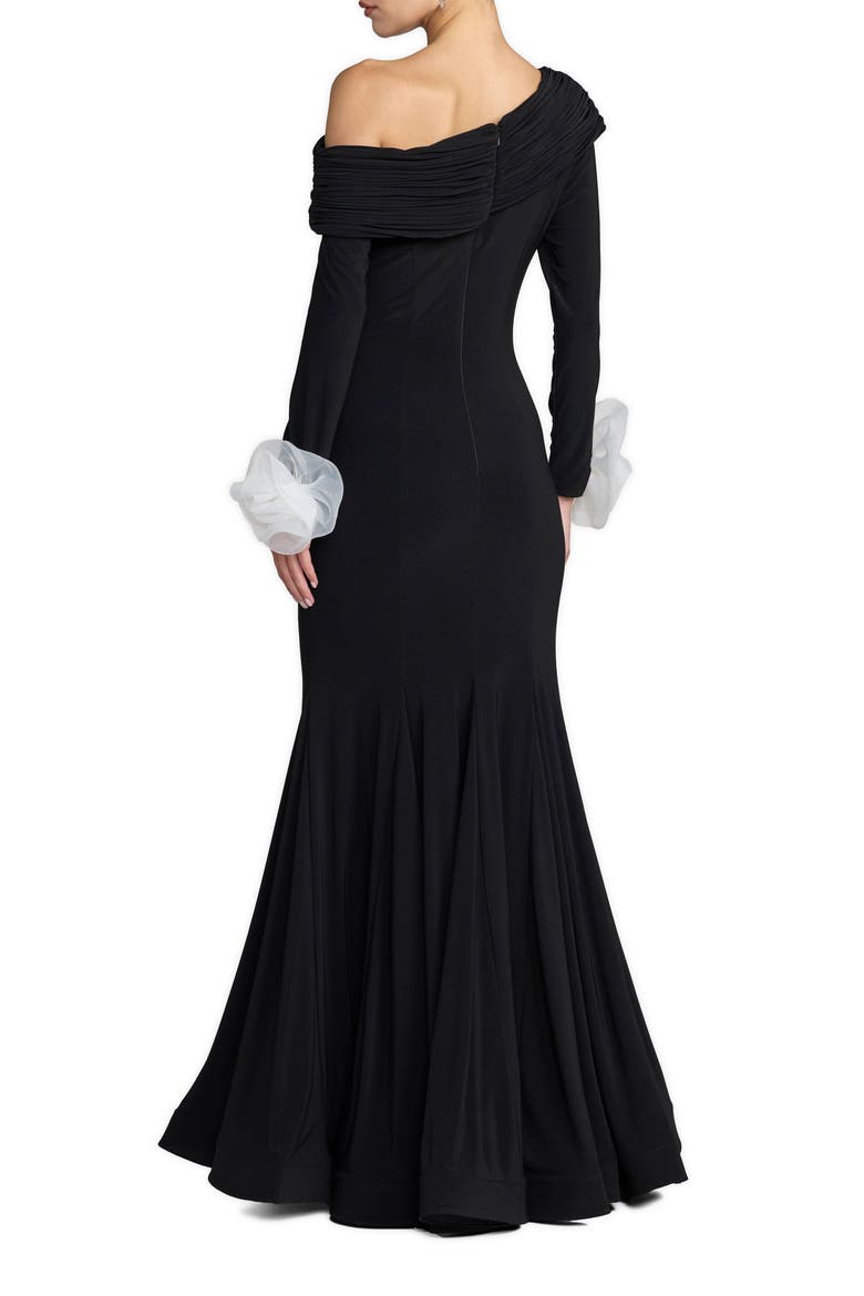 One Shoulder Long Sleeve Mermaid Jersey Gown, Alternate, color, Black Ivory