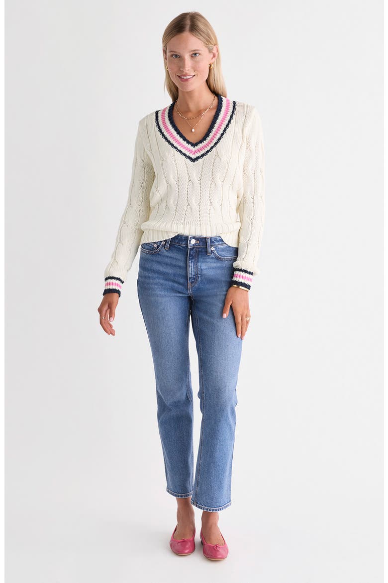 Varsity Cable Knit Sweater, Alternate, color, MARSHMALLOW