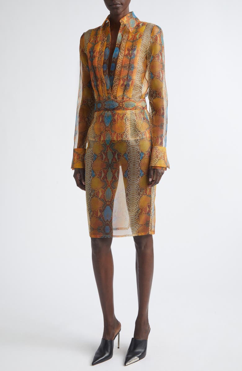 LaQuan Smith Shimmer Snakeskin Print Pleated Double Cuff Button-Up Shirt, Alternate, color, Snake