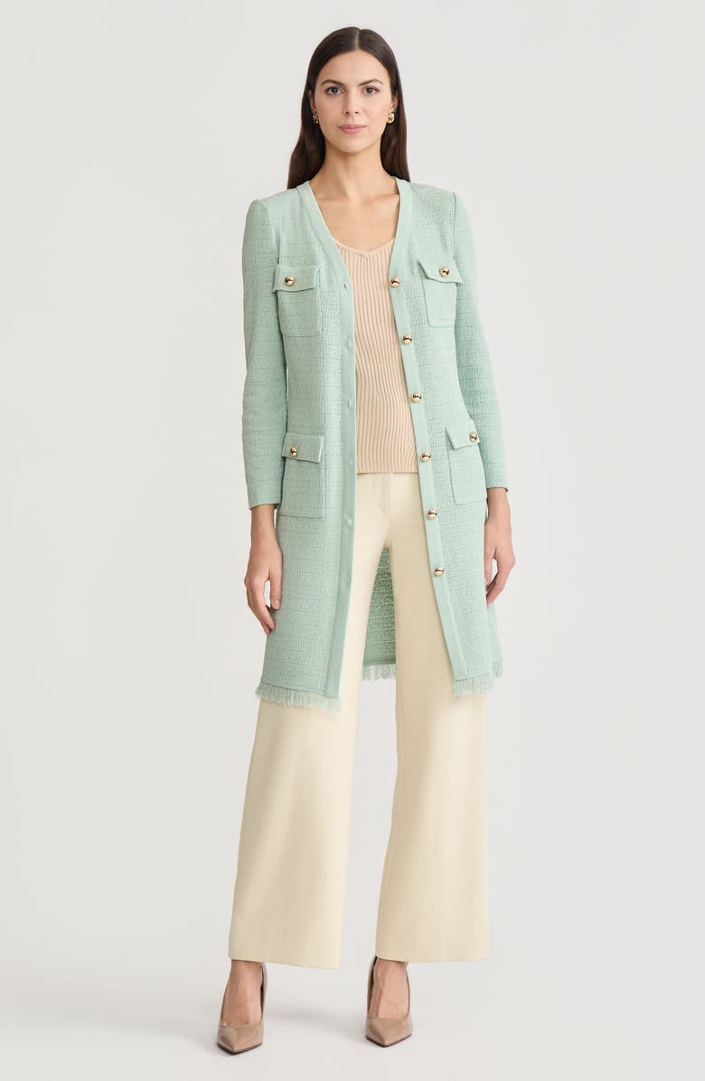 Misook Heritage Tonal Fringe Trim Knit Jacket, Main, color, Fresh Mint