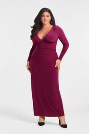S3 Apparel Sculpting Shapewear Shirred V-Neck Long Sleeve Solid Maxi Dress