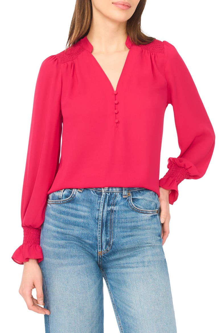 Half Placket Smocked Accent Top, Main, color, ROSE CERISE