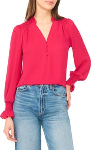 CeCe Half Placket Smocked Accent Top