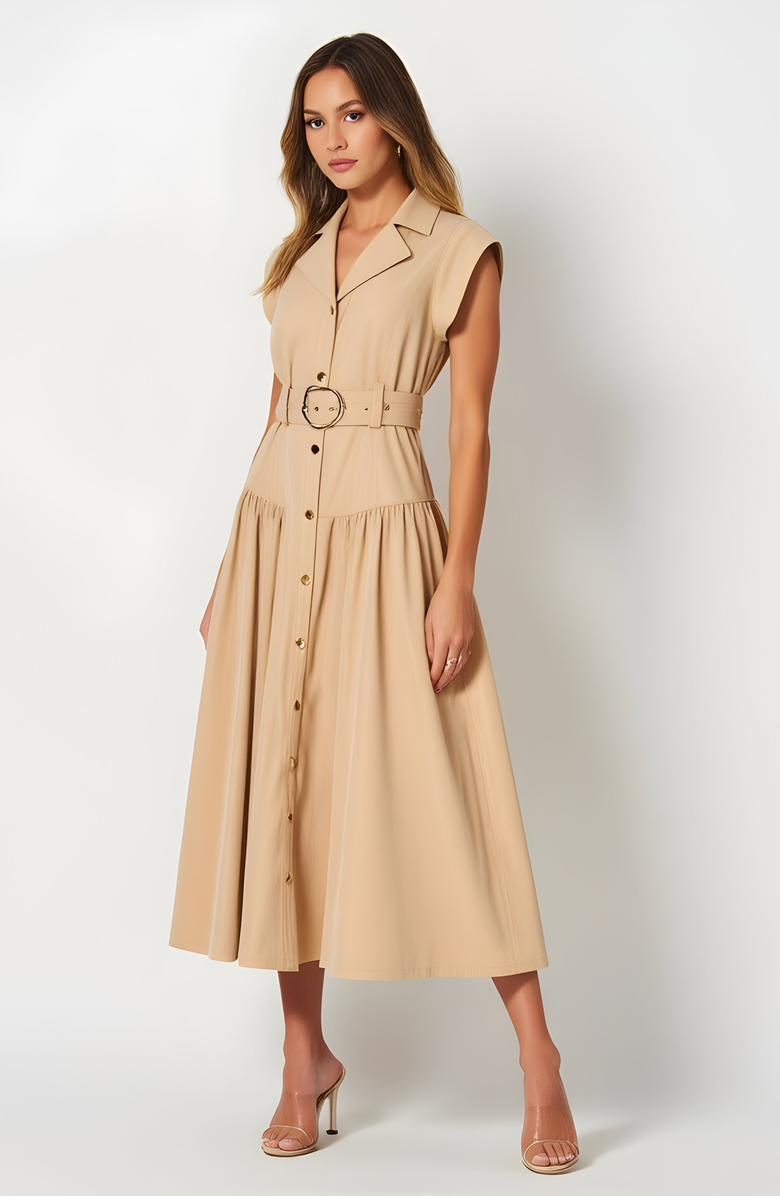 Modenaire Cap Sleeve Midi Shirt Dress with Button Front, Belted Waist and Collar, Alternate, color,
